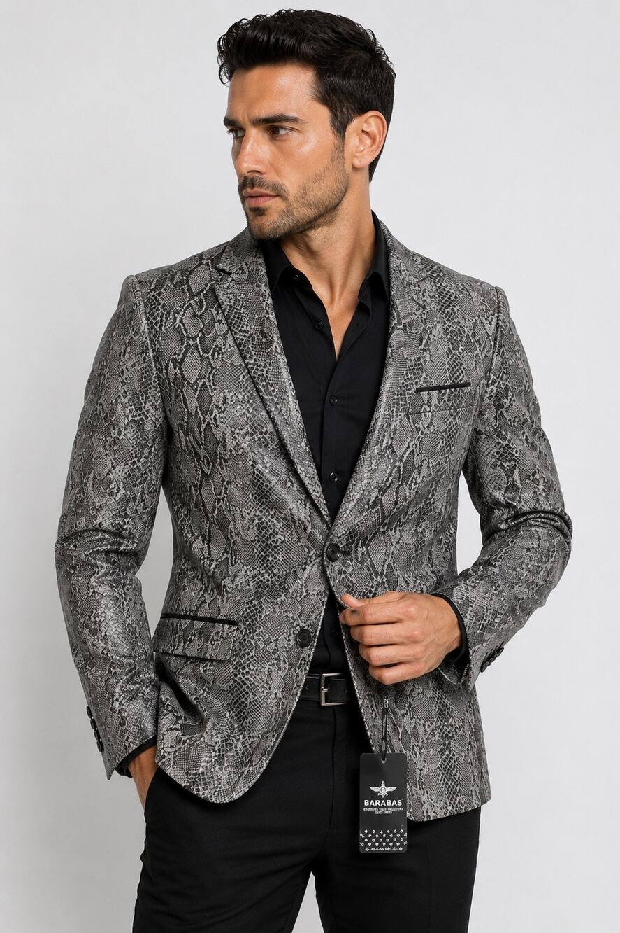NWT Barabas Men’s XL Gray Snakeskin Print One Button Blazer Sport Coat Jacket